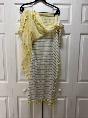 Anthropologie Striped Sheer Scarf with Yellow Pom Trim